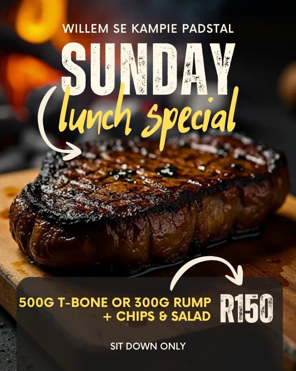 Sunday lunch special: 500g T-bone of 300g rump, chips en slaai R150